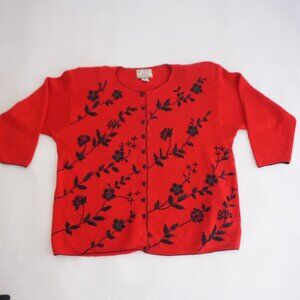 Vintage Heirloom Collectibles Red Beaded Floral Knit Button Cardigan 22/24